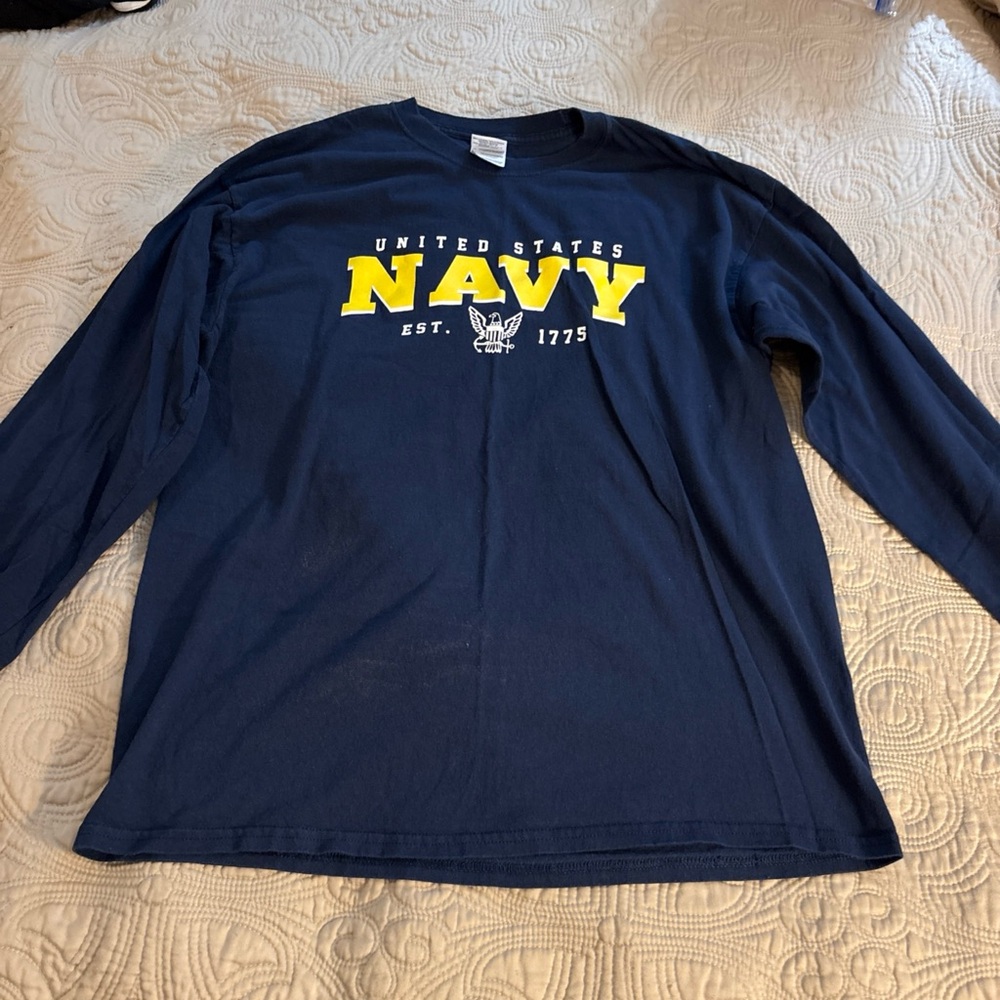 Gildan U S Navy Blue Long Sleeve‎ Shirt with Yellow Print